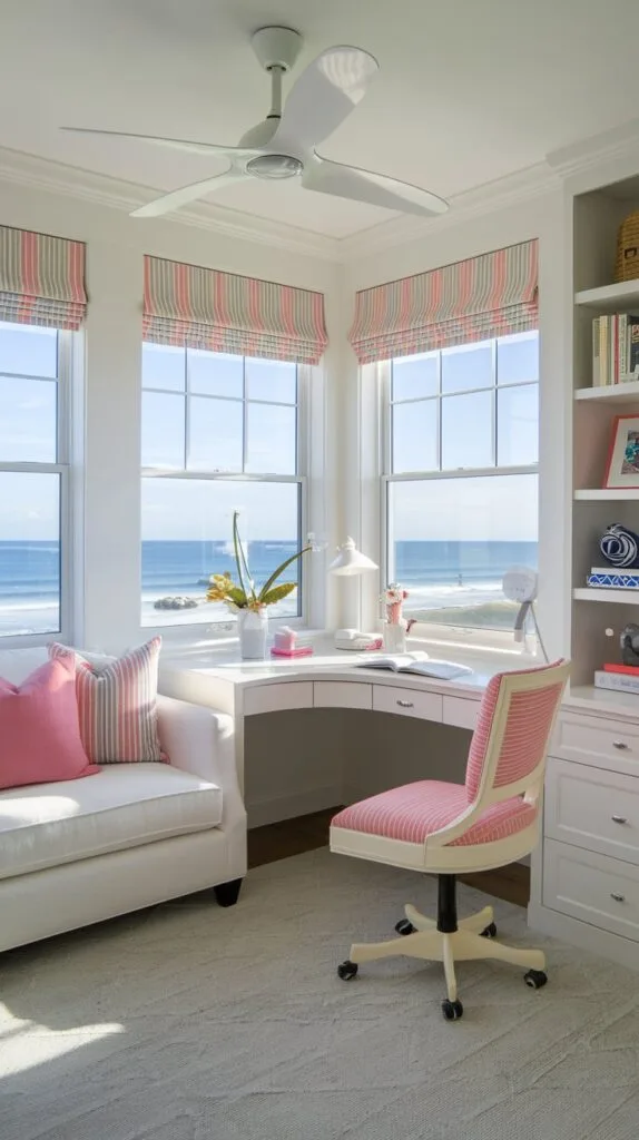 Waterfront-Home-Interior-Design-Styles-Coastal-Home-Office-Preppy-Pink-White-Colors