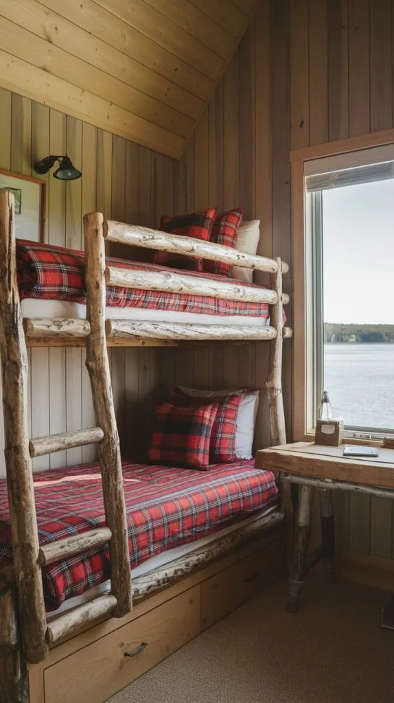 Waterfront-Home-Interior-Design-Styles-lLake-House-adirondack-style-bedroom-with-bunk-beds