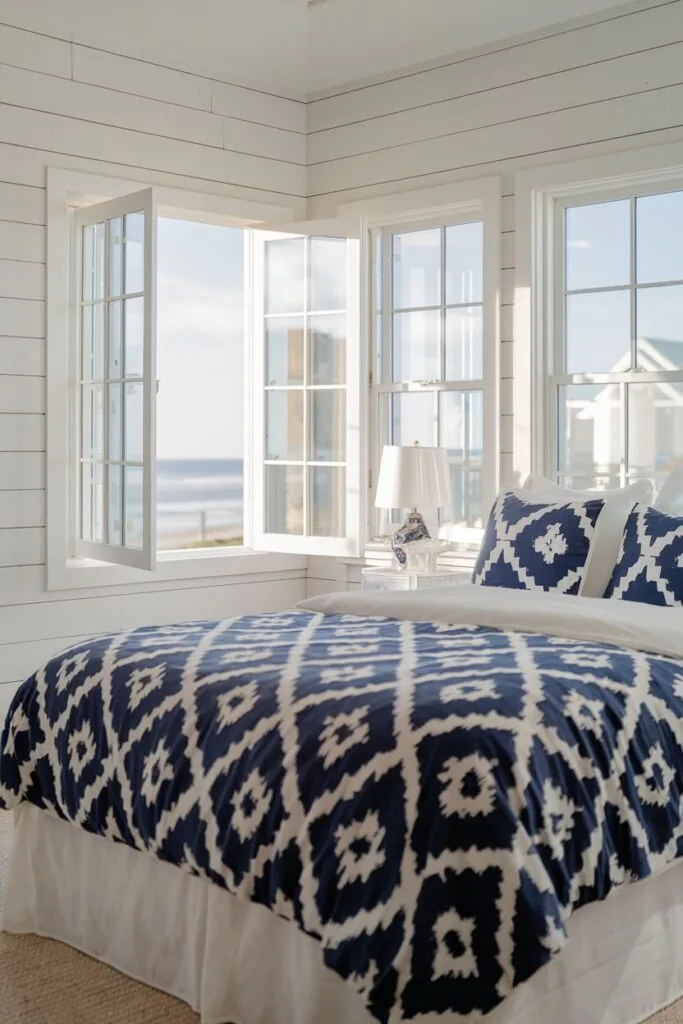 Waterfront-Home-Interior-Design-Styles-coastal-beach-bedroom-jacquard-Comforter