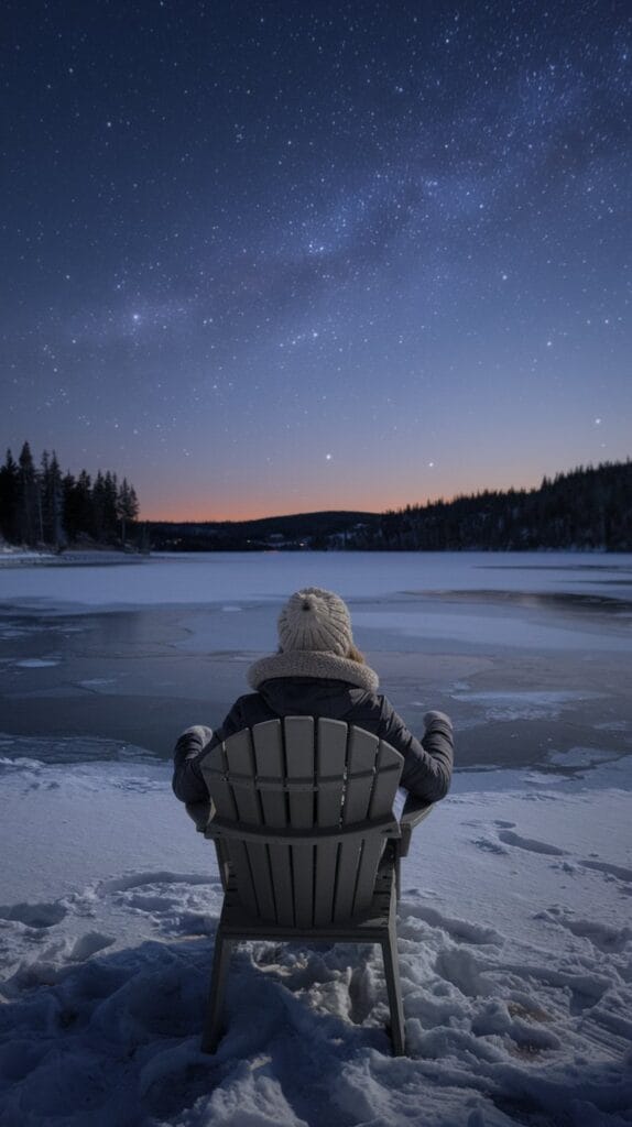 a-realistic-photo-of-a-woman-sitting-in-chair-on-lake-shore-Gazing-at-night-stars-in-winter