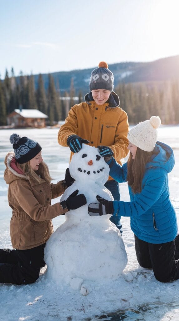 kids-building-a-snow-man-on-a-frozen-lake