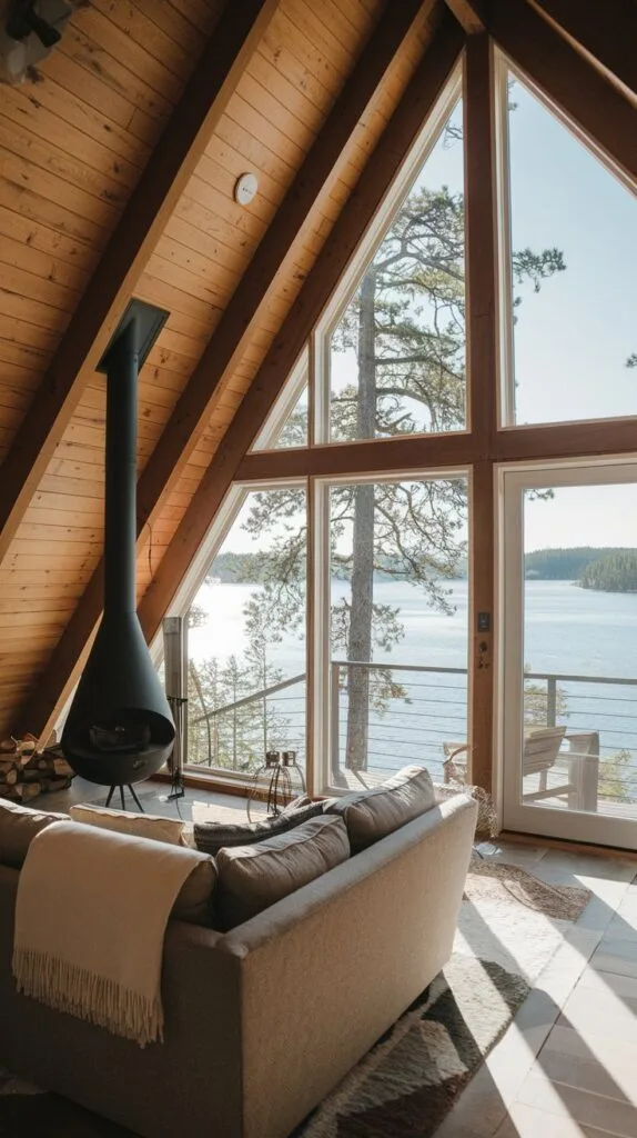 Waterfront-Home-Interior-Design-Styles-lake-house-living-room-mid-century-modern-with-cone-fireplace