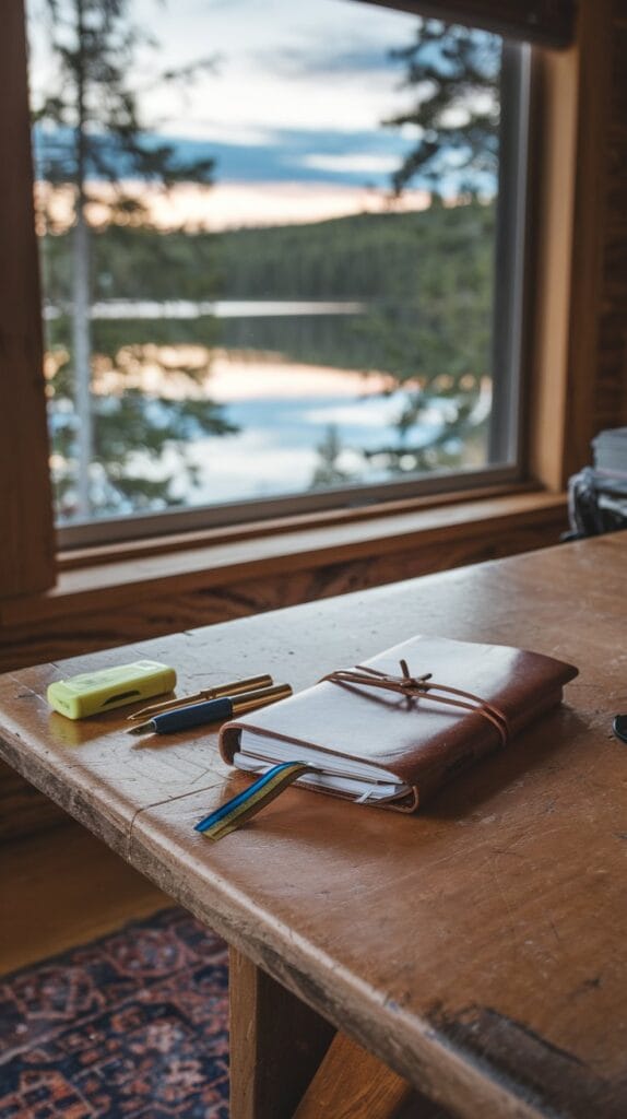 photo-of-a-journal-on-a-table-winter-cabin-scene
