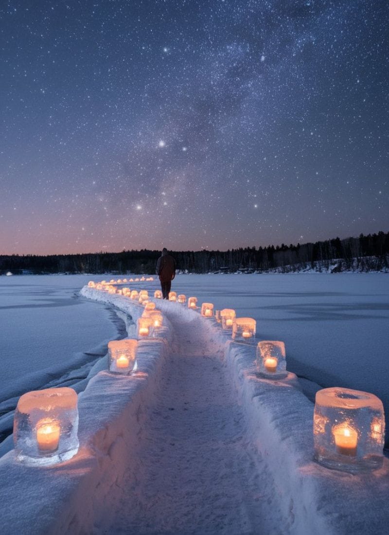 Ice-Candle-Lantern-Path-On-Lake-Stary-night