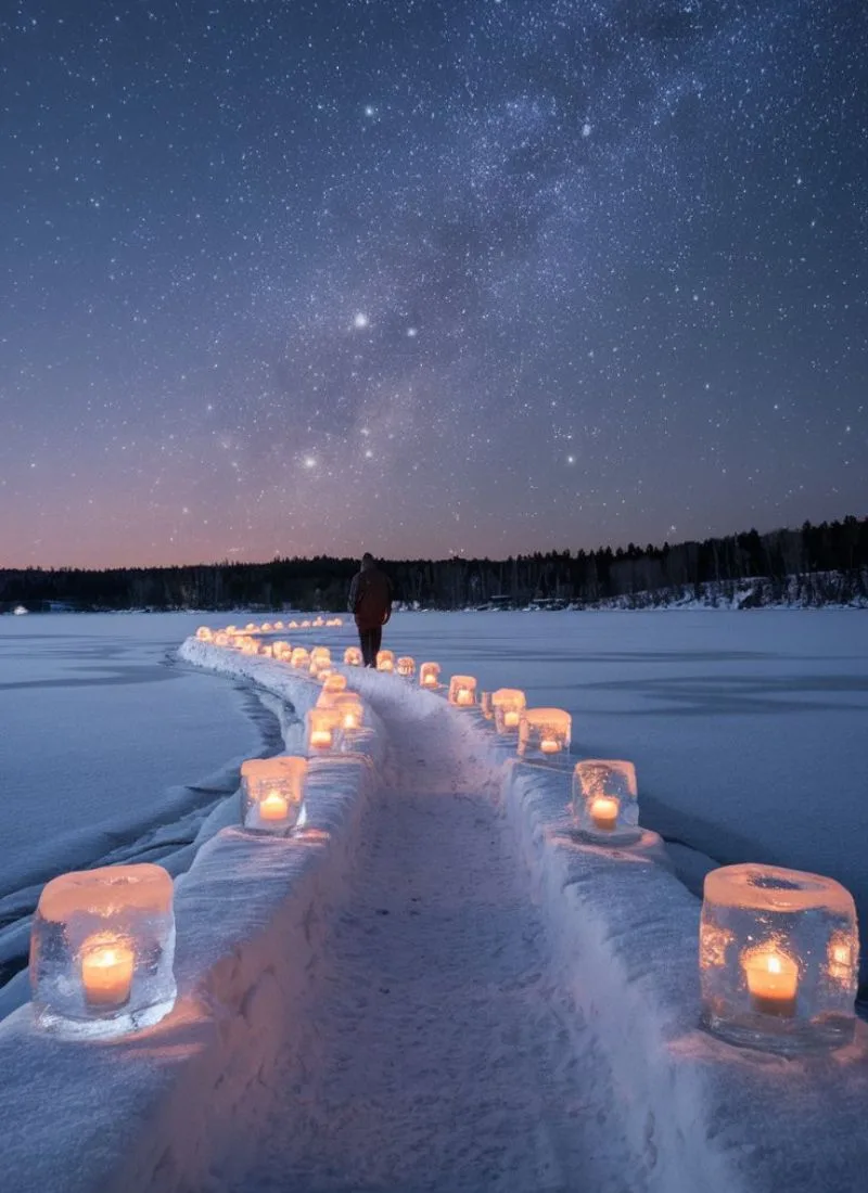 Ice-Candle-Lantern-Path-On-Lake-Stary-night