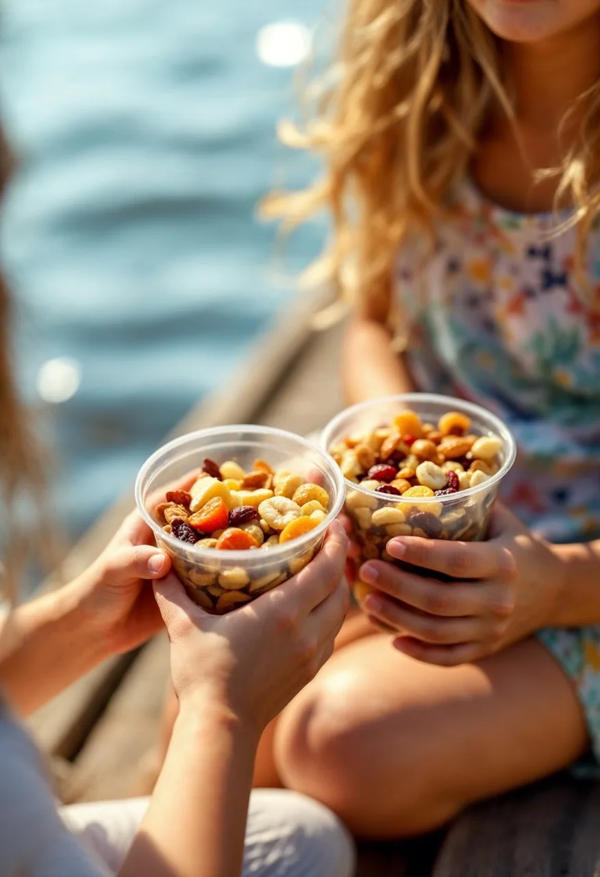 Kids-on-lake-dock-holding-snack-cups Large