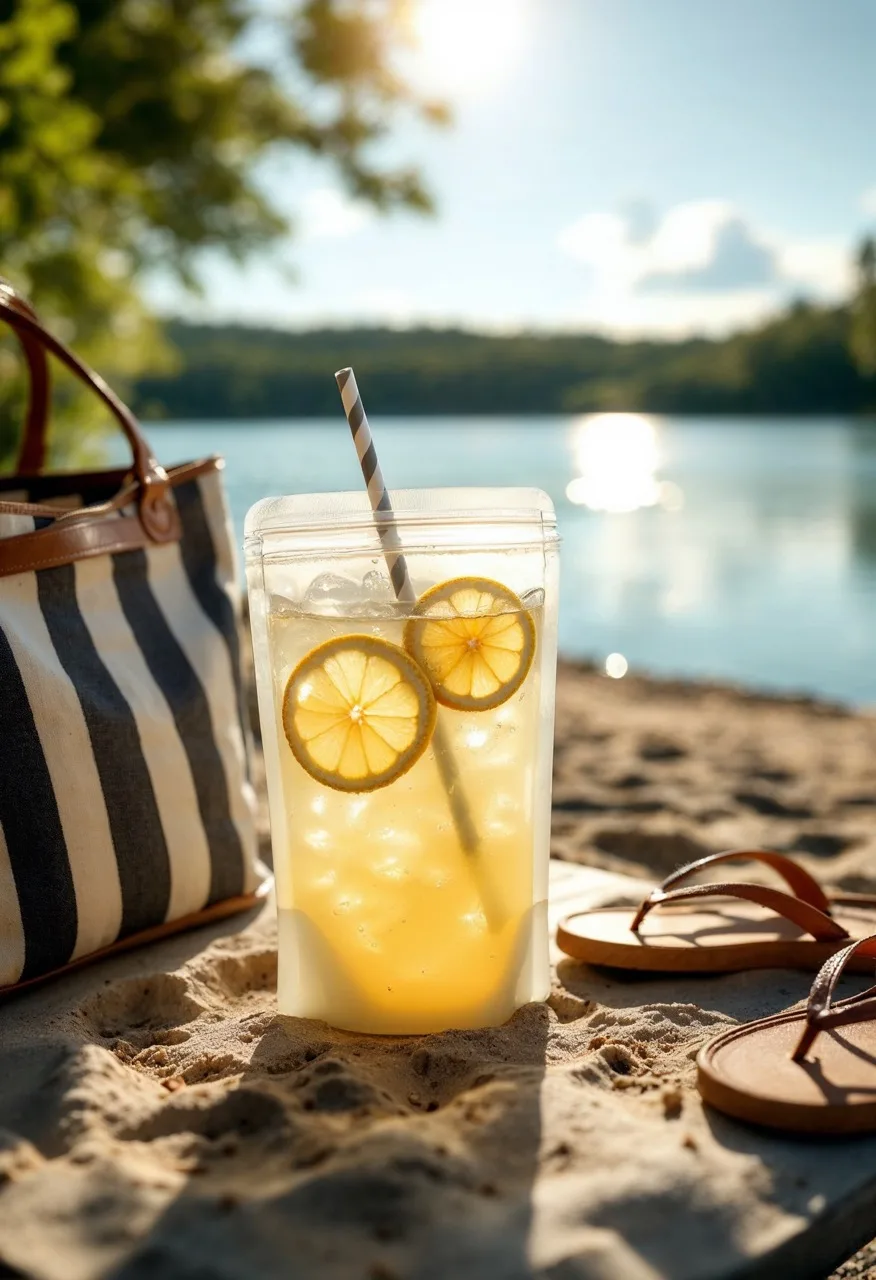 Lemonade-drink-in-reusable-pouch-on-beach Large copy