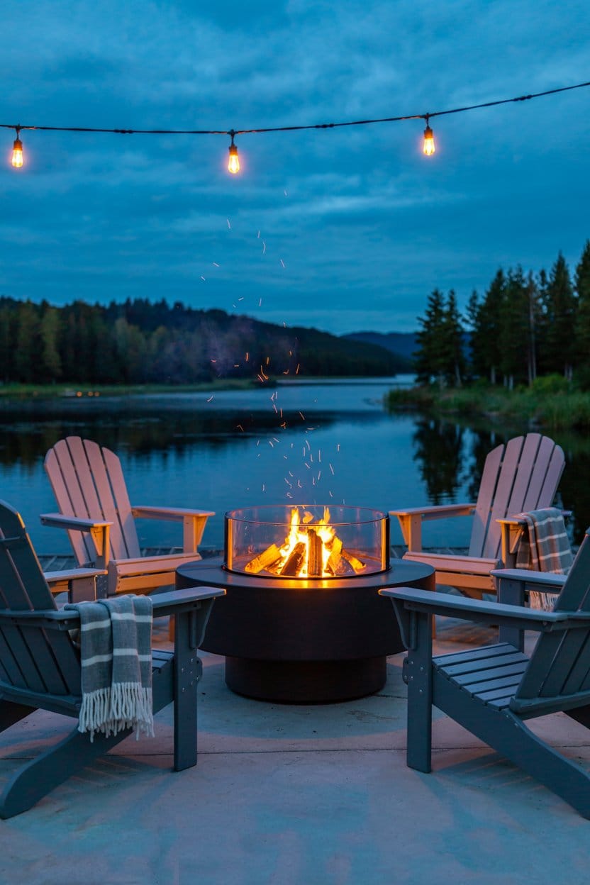 a-modern-propane-fire-table-surrounded-by-adirondack-chairs-near-lake