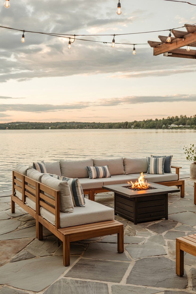 Lake house patio with modular teak seating