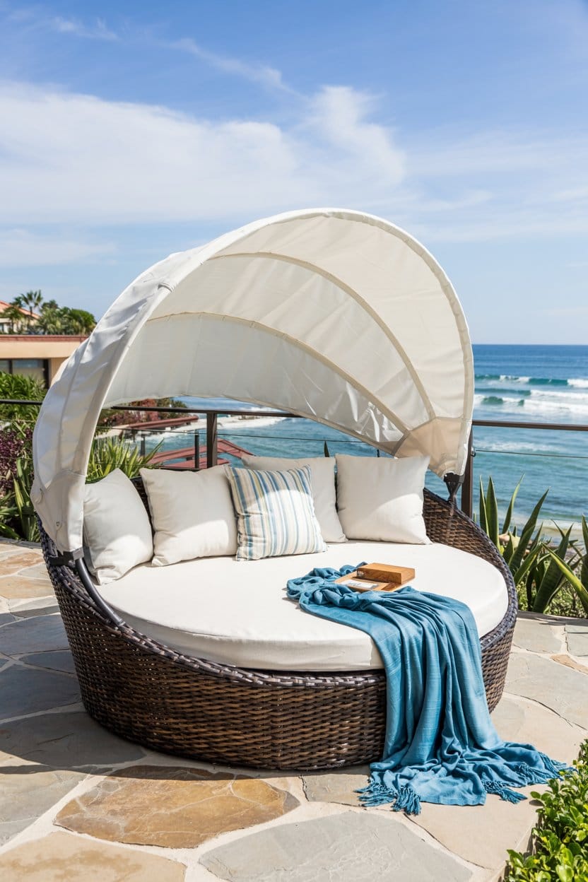 a-photo-of-a-rattan-dark-wicker-round-outdoor-day-bed-near-ocean