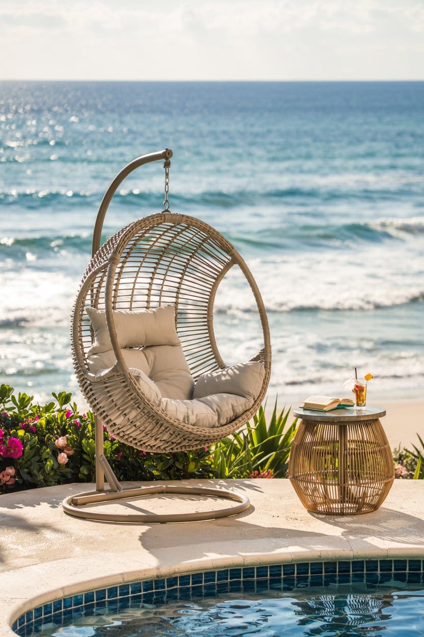 a-photograph-of-a-single-beige-wicker-egg-chair-near-ocean-pool