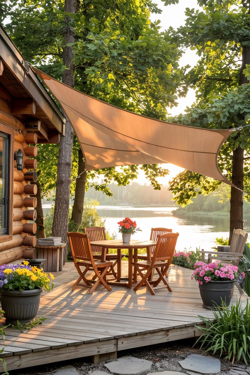 beige-sun-shade-canopy-lake-cabin-deck