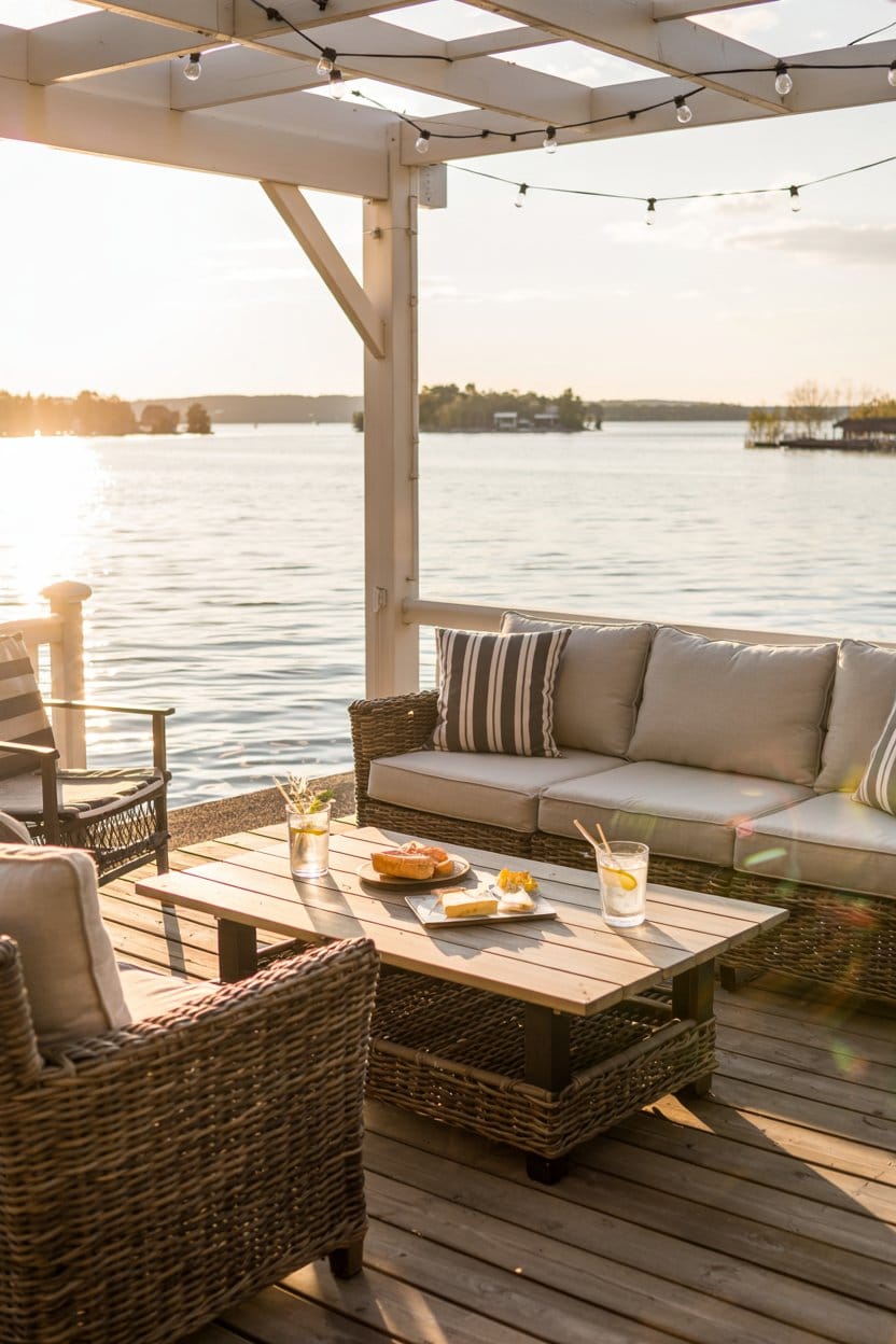 Cozy Lake House Deck with Outdoor Rattan Wicker Furniture
