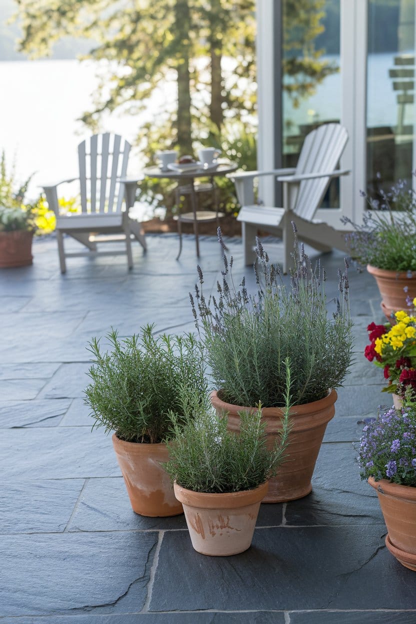 lake-house-slate-patio-with-potted-Herb-Plants