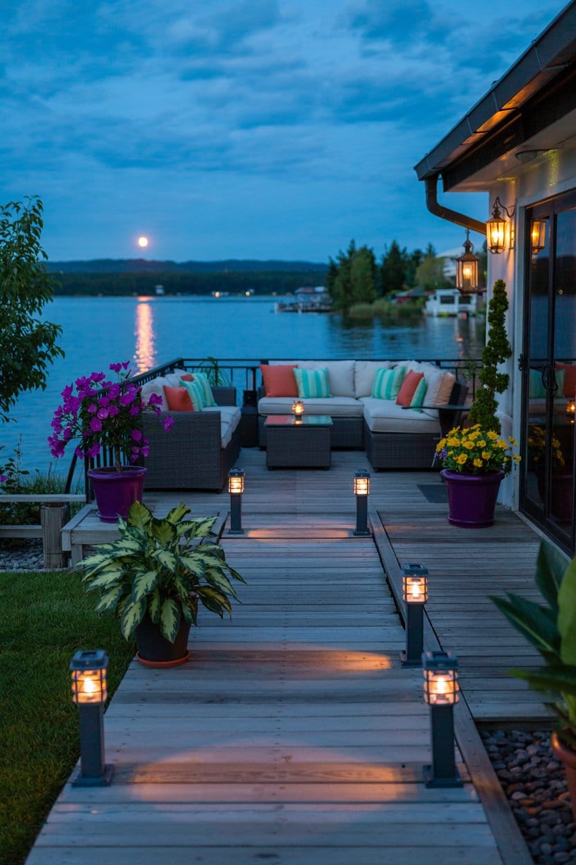 lakeside-patio-with-solar-lights-and-flowers