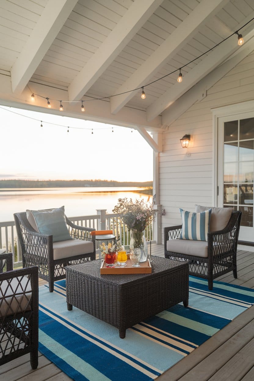 new-england-style-lake-house-covered-deck-blue-stripe-rug-4