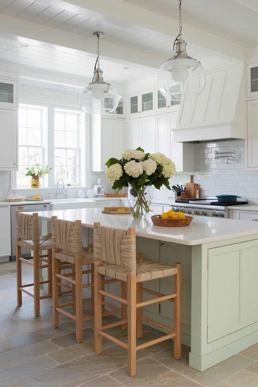 Green-White-Coastal-Kitchen-Island-Counter-Chairs-Glass-Pendant-Lighting