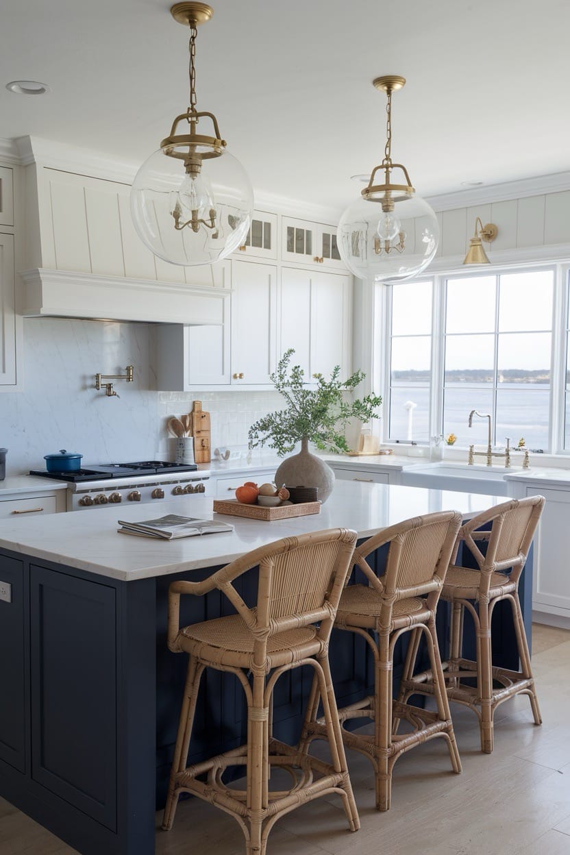 Navy-Blue-White-Coastal-Kitchen-Shaker-Cabinets-Rattan-seating-glass-globe-pendant-lights