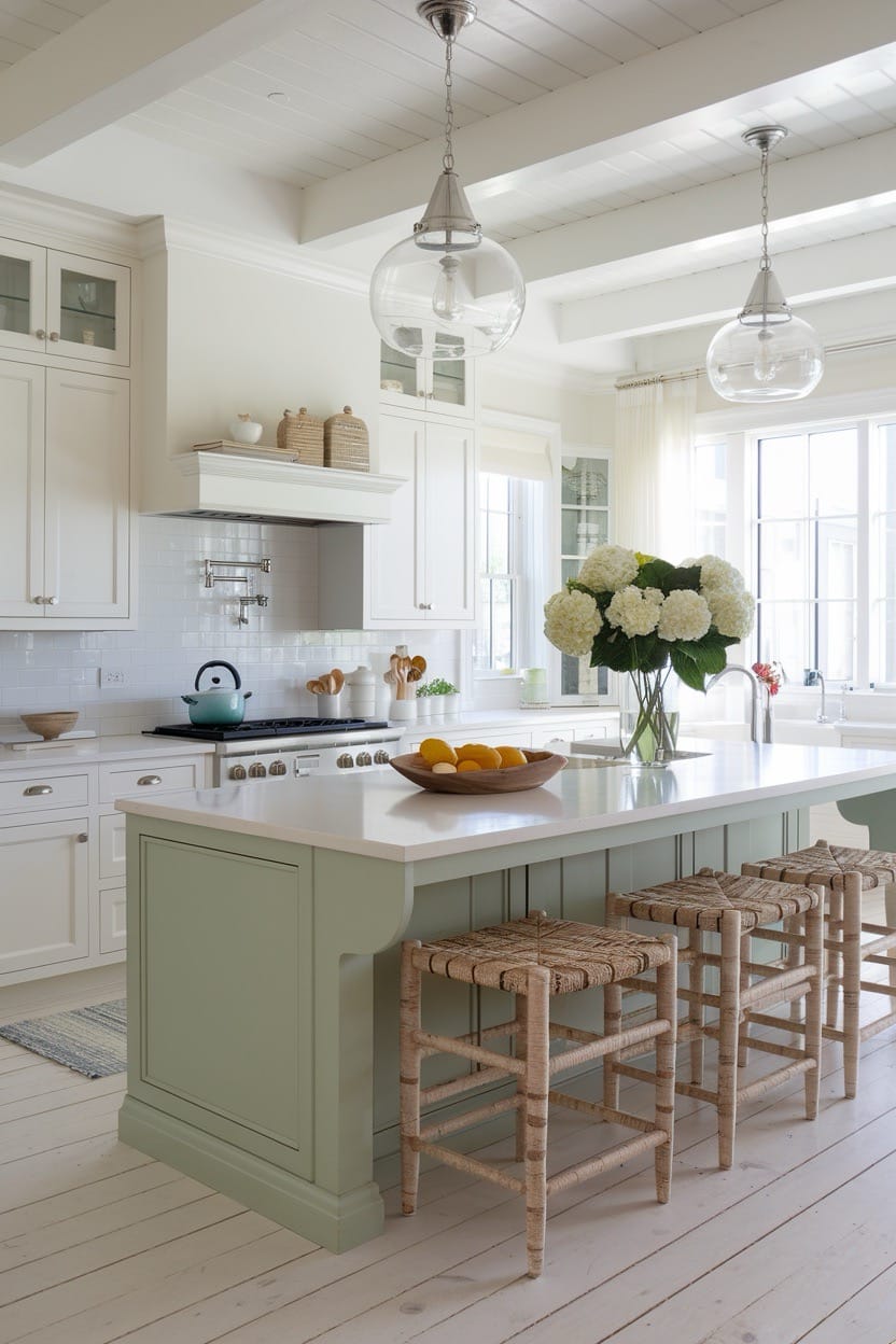 White-Green-Coastal-Kitchen-rattan-island-stools-clear-glass-pendant-lighting
