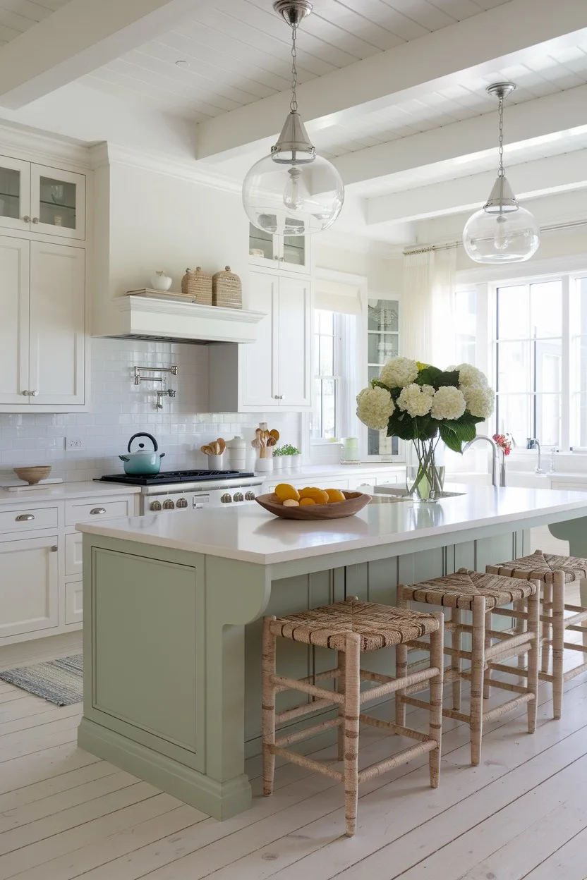 White-Green-Coastal-Kitchen-rattan-island-stools-clear-glass-pendant-lighting