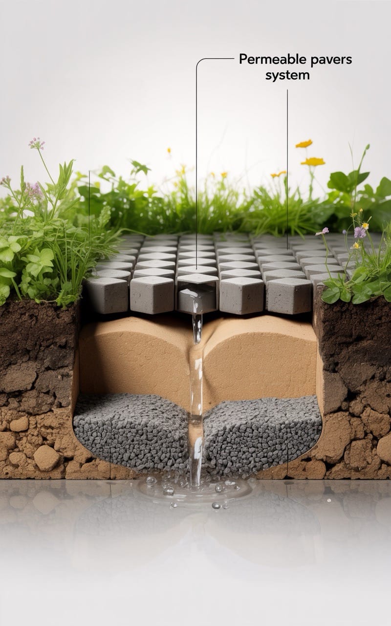 permeable pave system with pavers, sand, gravel