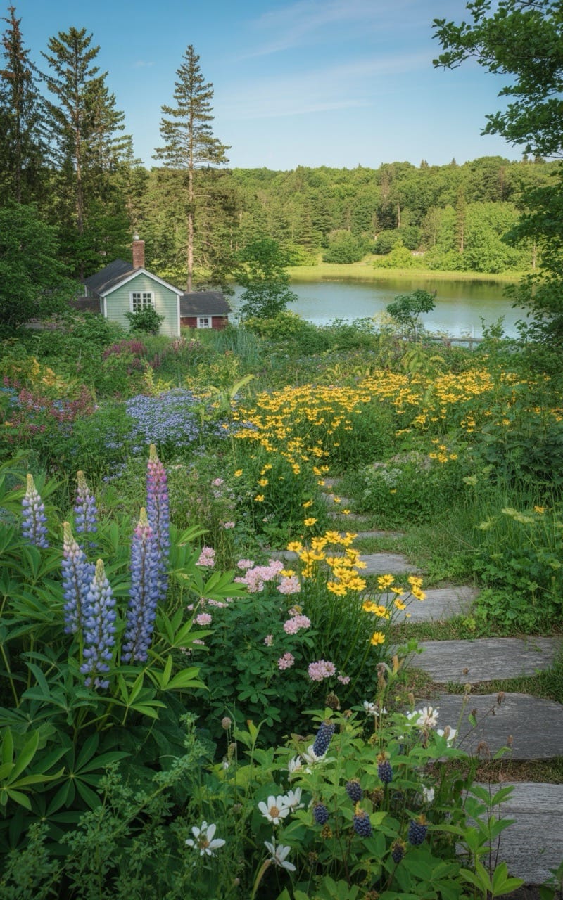 Photo of lake house with natural garden and stone path