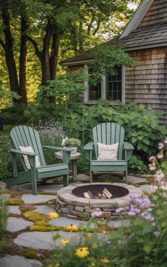 Small patio with pavers and green adirondack chairs and firepit