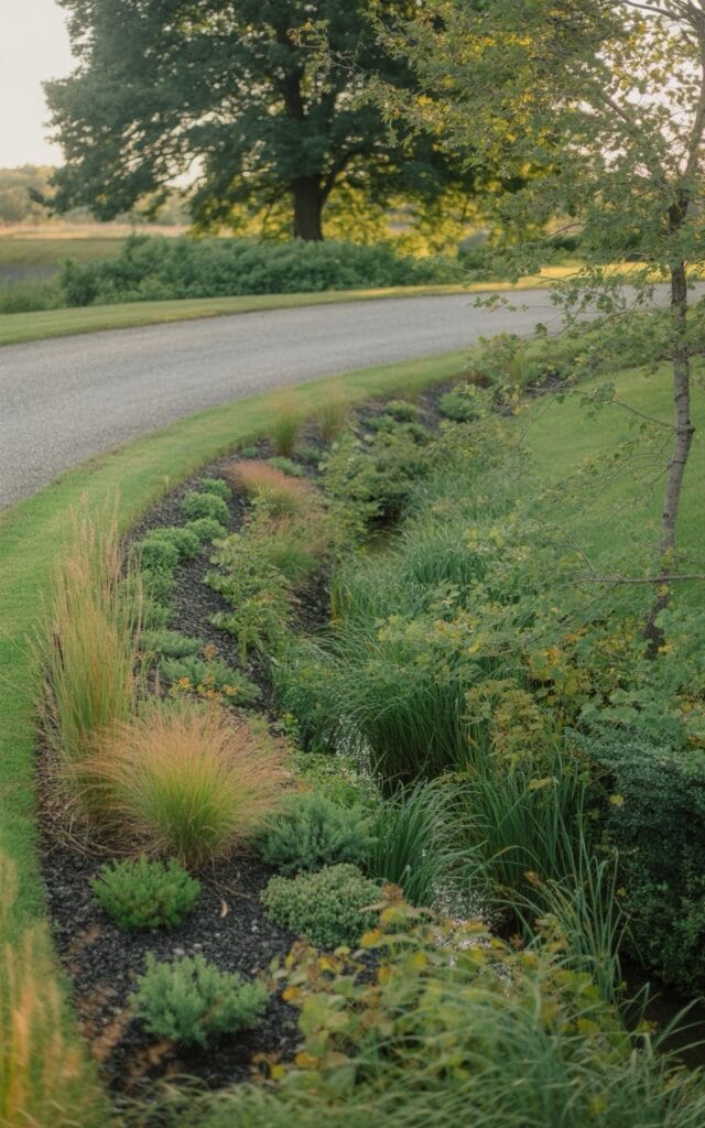 Swale or rain ditch gulley nest to driveway