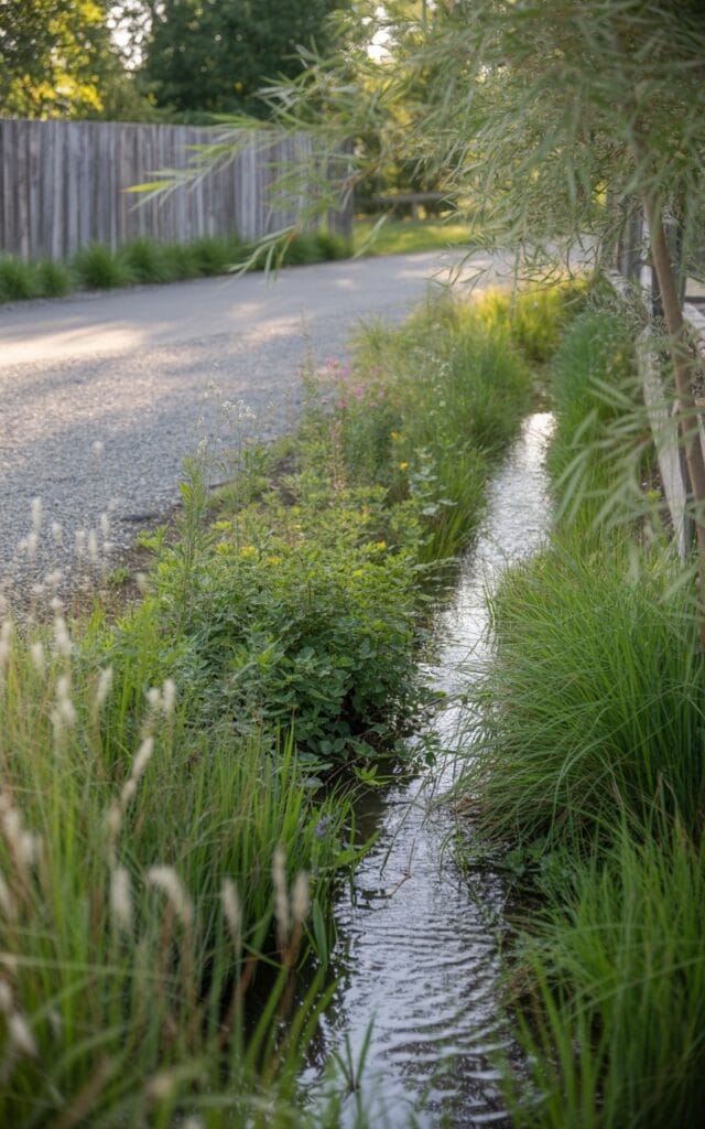 Swale or rain ditch next to driveway