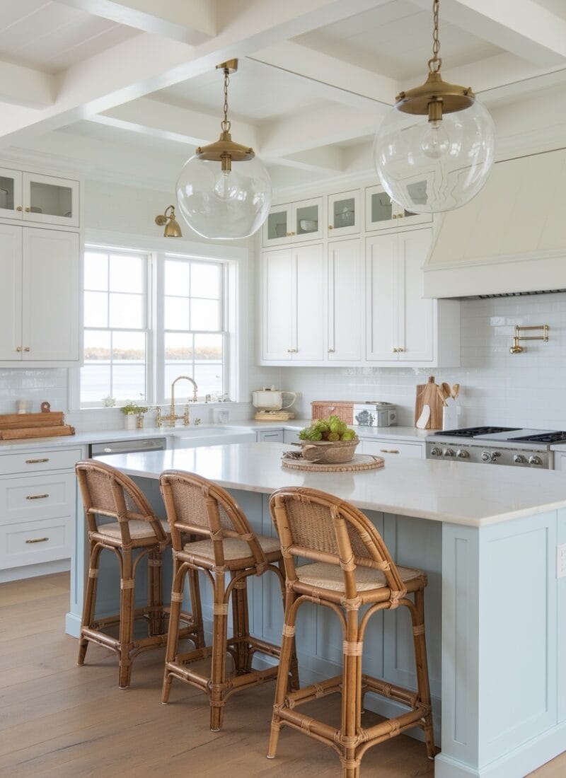 blue-white-coastal-kictchen-rattan-counter-chairs-white-countertops-glass-pendant-lighting