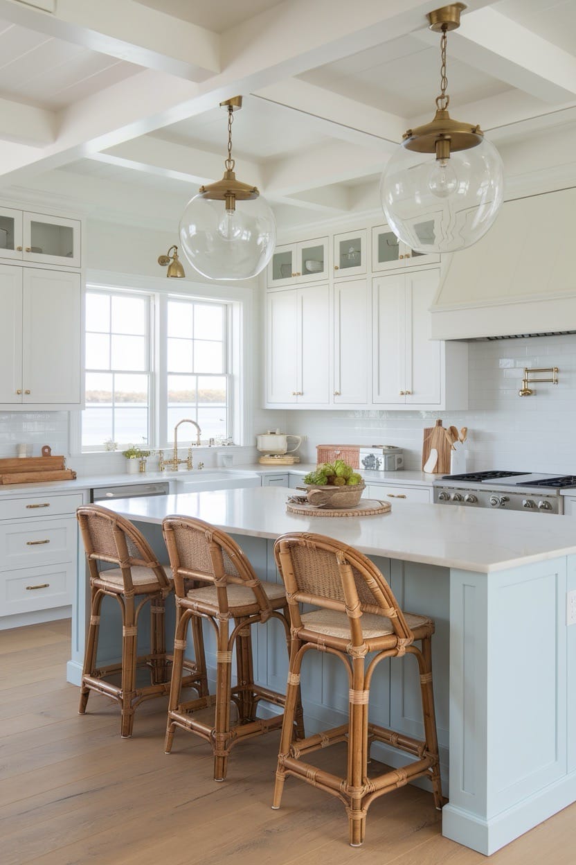 blue-white-coastal-kictchen-rattan-counter-chairs-white-countertops-glass-pendant-lighting