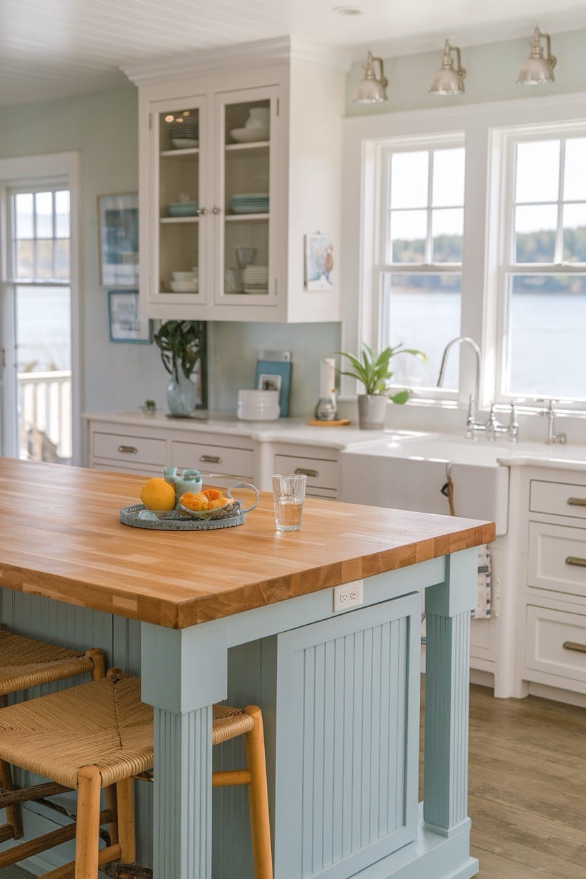 coastal-kitchen-butcher-block-blue-island-white-cabinets
