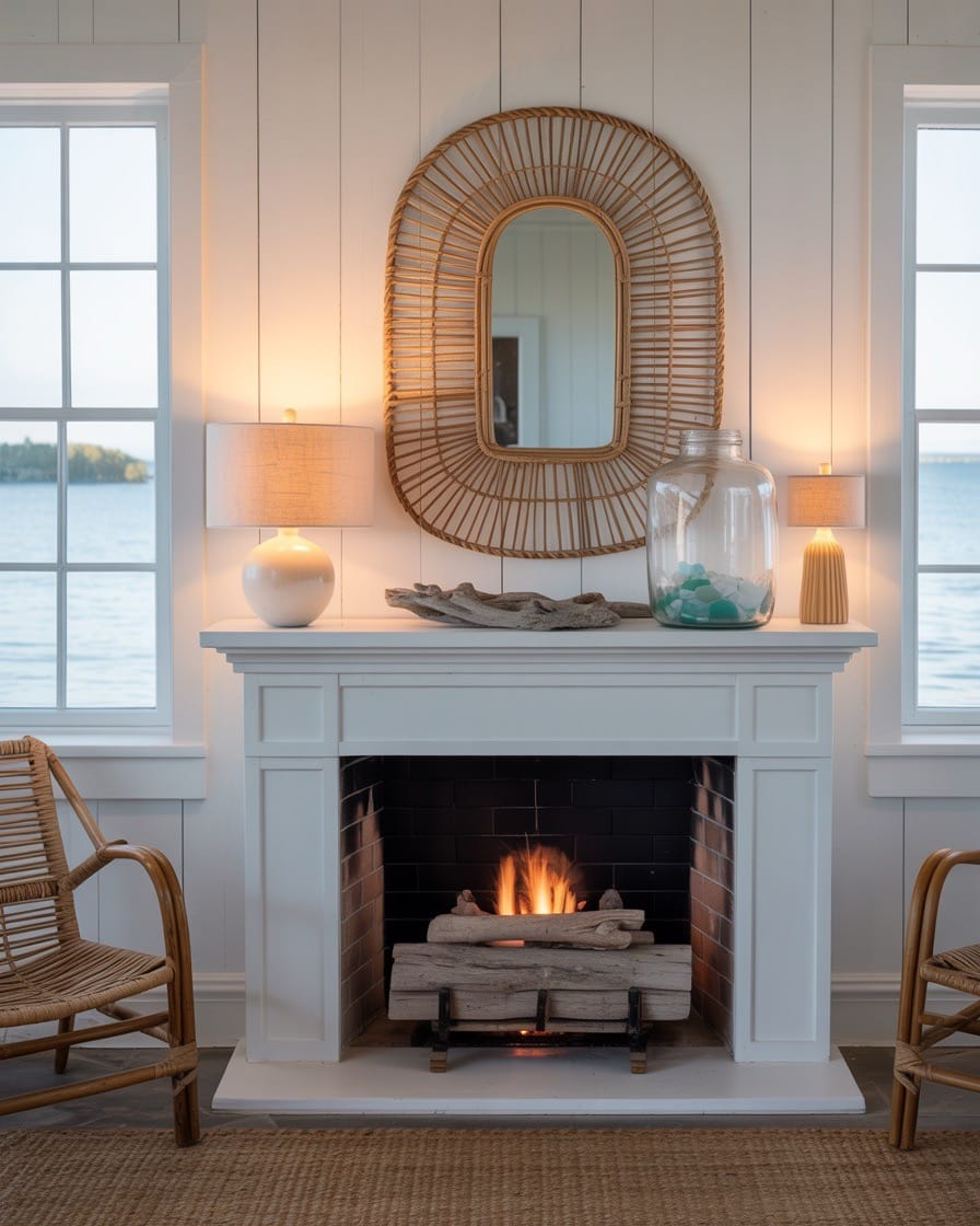 coastal-living-room-fireplace-coastal-decor-wicker-mirror