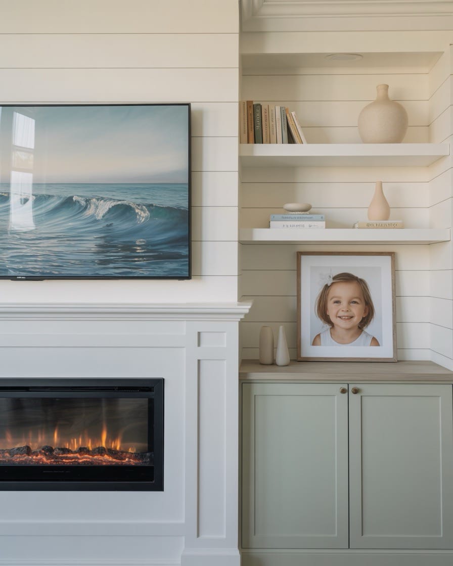 coastal-living-room-fireplace-sage-built-ins-Frame-TV-above-Fireplace