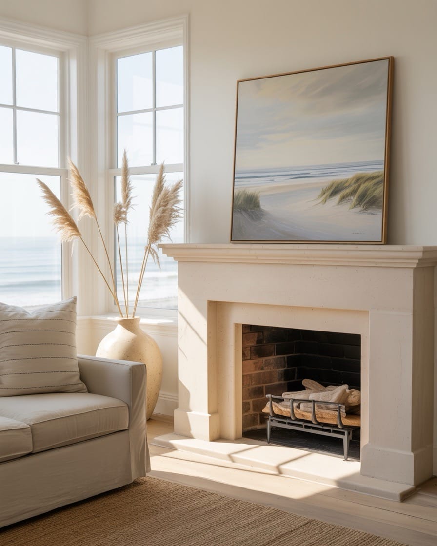 coastal-living-room-smooth-limestone-fireplace