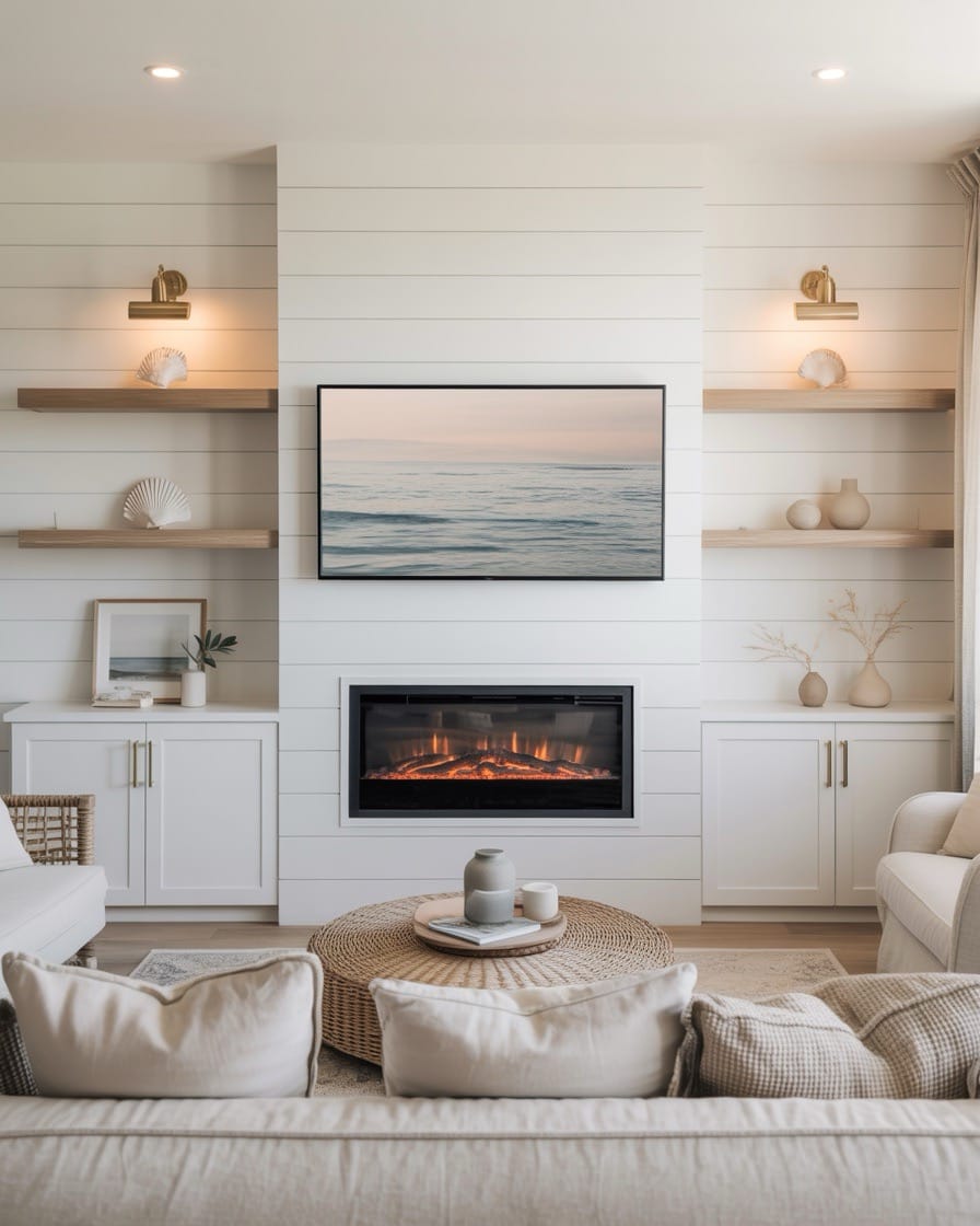 coastal-living-room-with-fireplace-built-ins-floating-shelves-TV-Art-Frame-Above-Fireplace