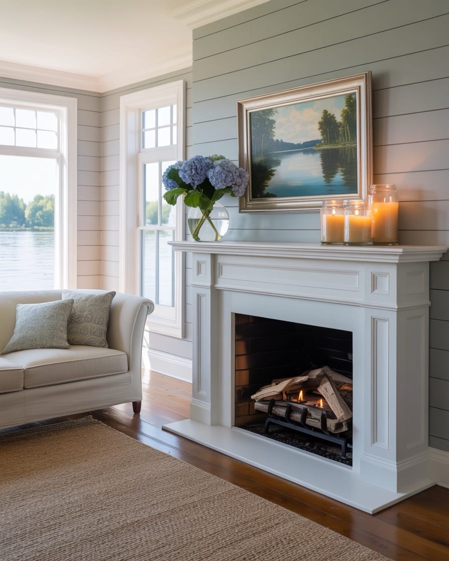 coastal-living-room-with-fireplace-gray-shiplap-walls
