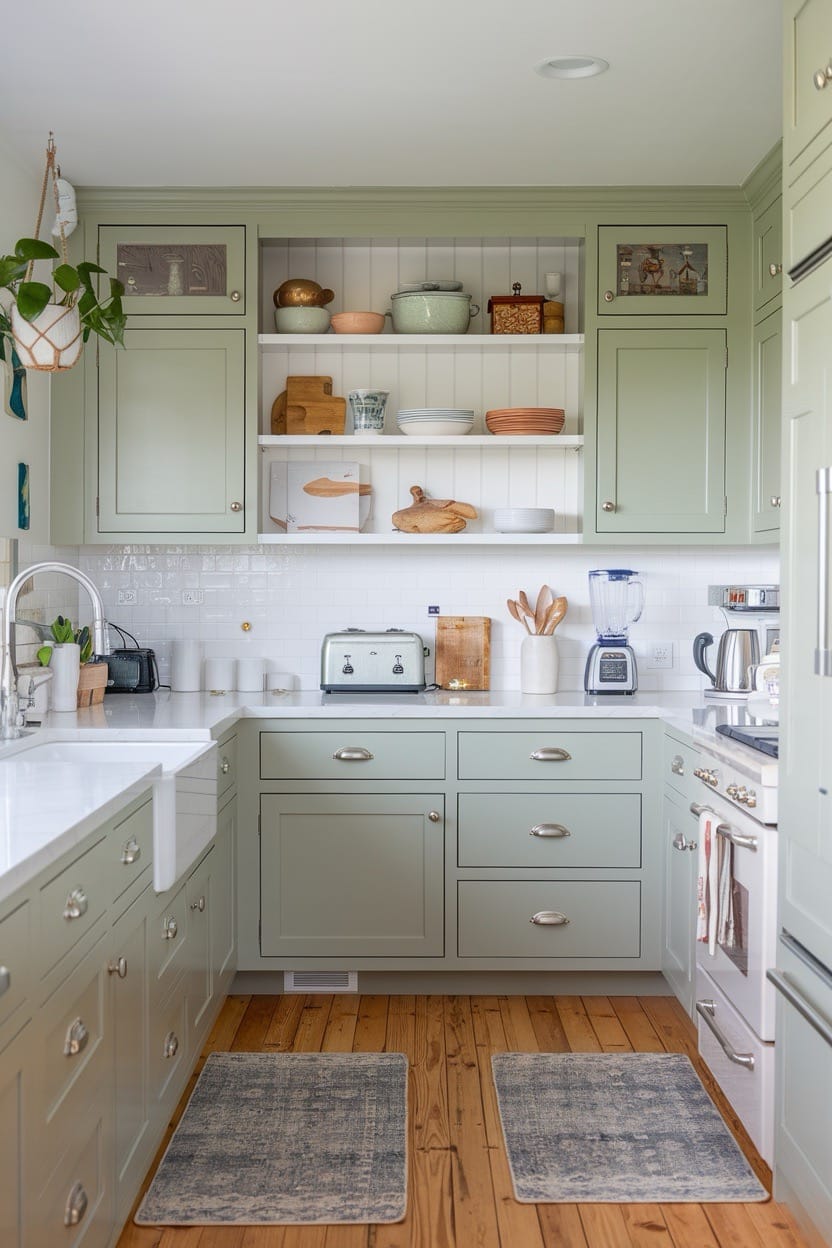 green-white-coastal-kitchen-u-shape-open-shelves