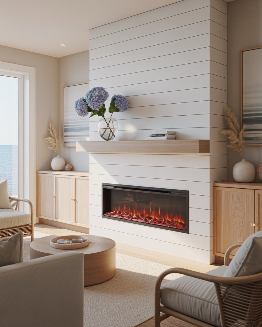 modern-coastal-living-room-fireplace-bookshelves-blue-hydrangea