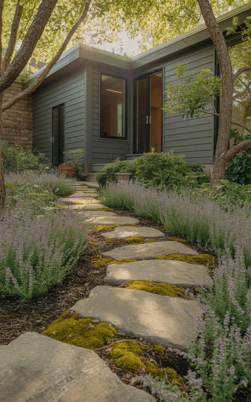 flagstone path leading to modern small house