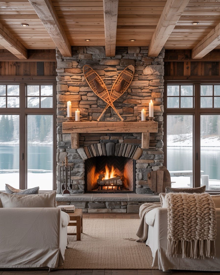 rustic-cabin-fireplace-winter-scene-crossed-snow-shoes-above-fireplace-mantel
