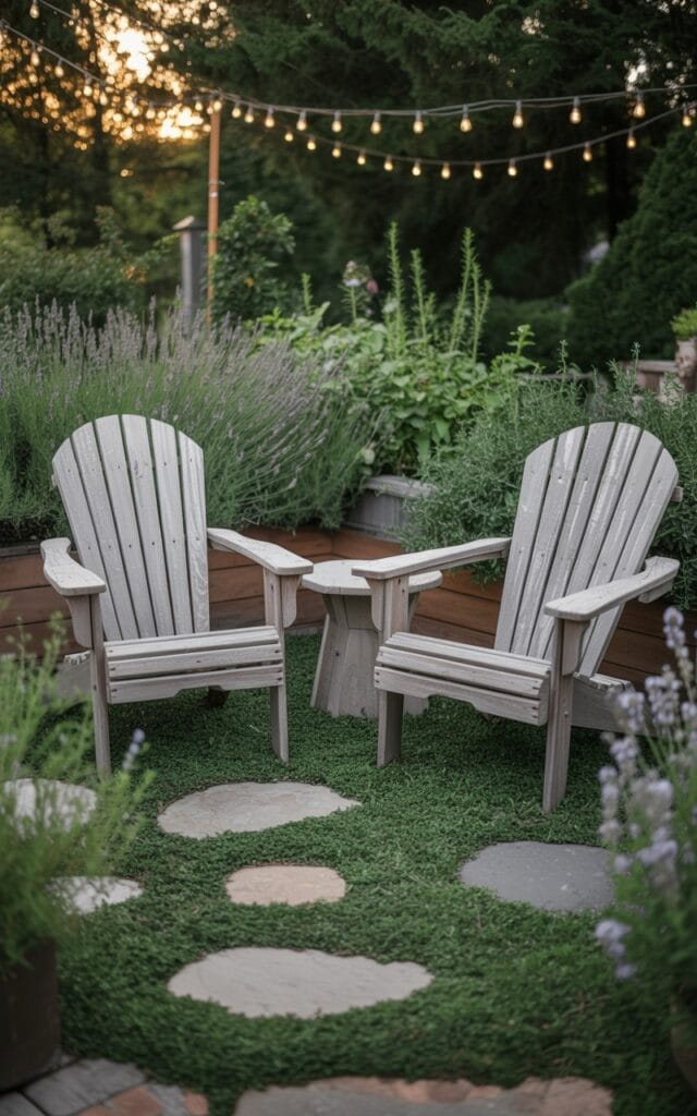 Small patio with pavers and adirondack chairs