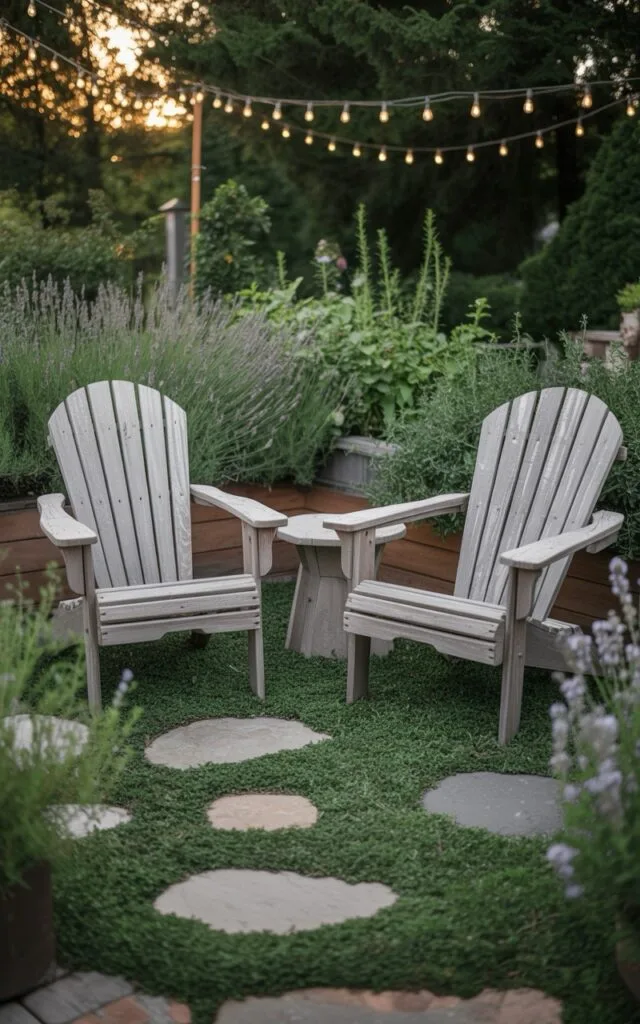 Small patio with pavers and adirondack chairs