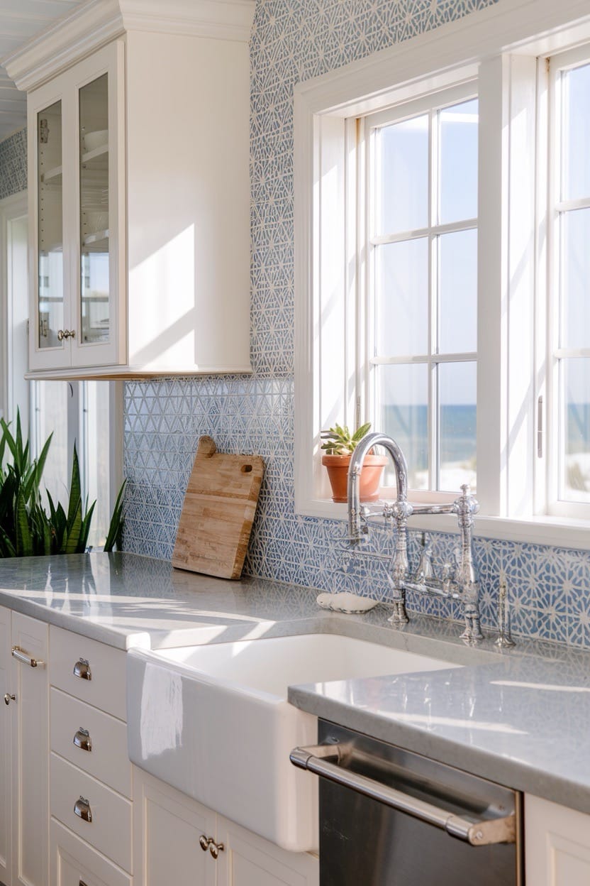 white-coastal-kitchen-blue-white-pattern-tile-sink-backsplash
