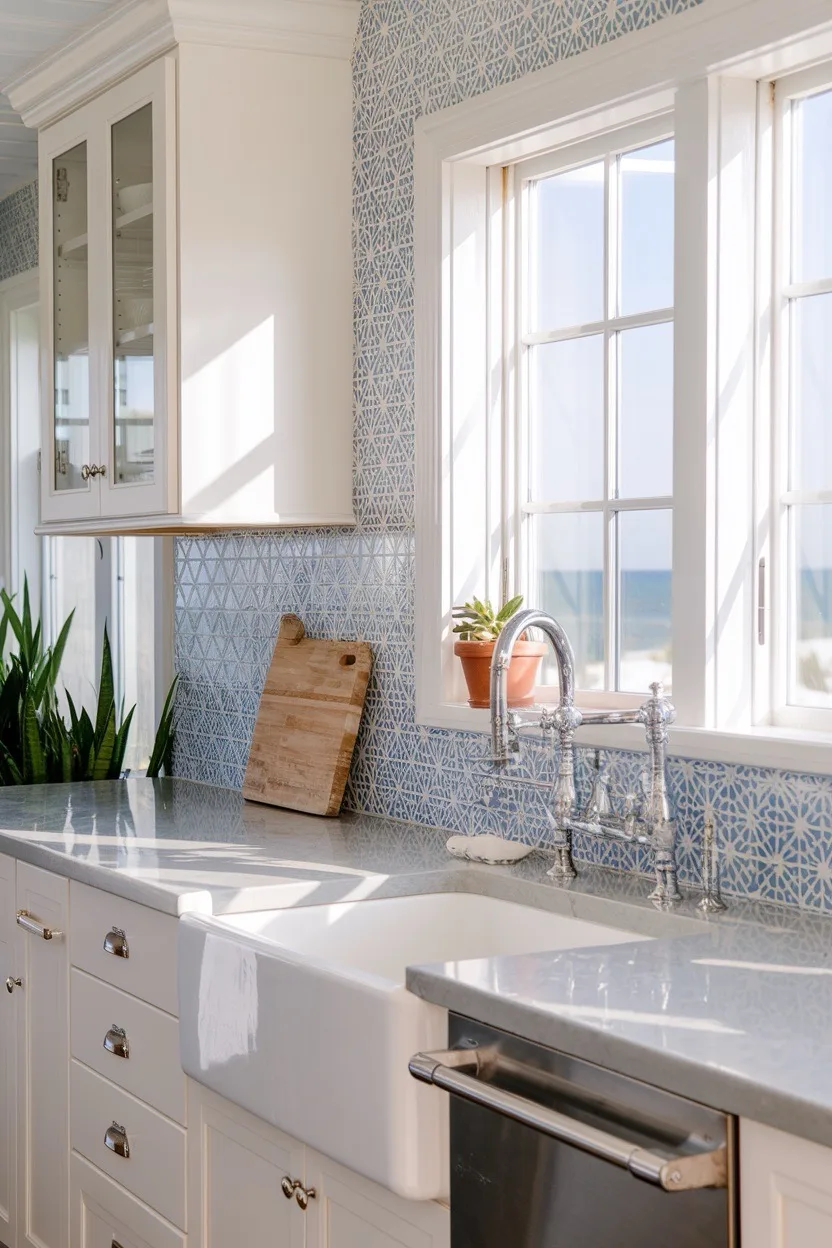 white-coastal-kitchen-blue-white-pattern-tile-sink-backsplash